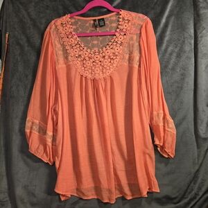 New Directions Orange Sheer Lace Detail Blouse